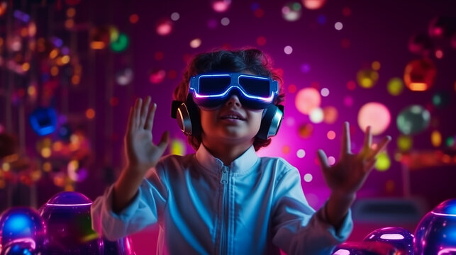 Galaxy of knowledge unfolds as little boy immerses in virtual space exploration at home