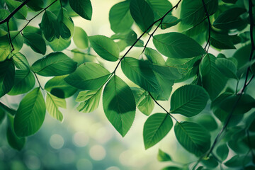 Close up shot of green leaves on a branch. Plants leaves using as spring background. Generative AI