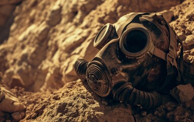 Image of gas mask on the background of the desert.