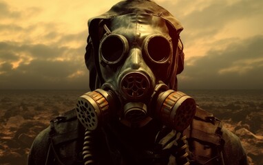 Man in gas mask in the desert Conceptual image of danger