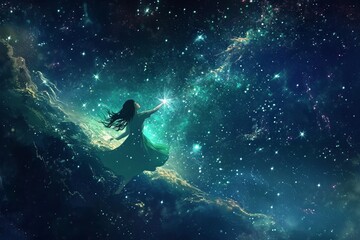 Obraz na płótnie Canvas Lost in cosmic dreams: an Asian girl floats amid deep space, reaching out to a shimmering star. A young cartoon woman adrift in the vastness generative ai