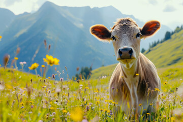 Cows herd on a grass field during the summer with mountains on background. Generative AI