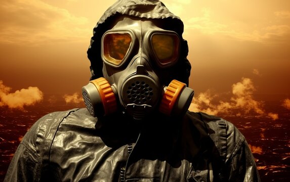 Man in gas mask in the desert Conceptual image of danger