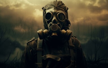 Man in gas mask in the desert Conceptual image of danger