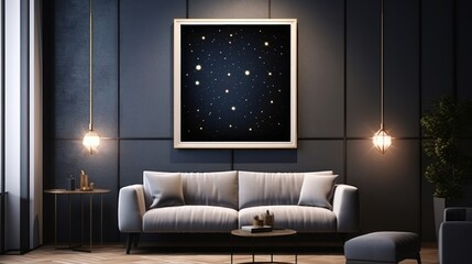  a living room with a couch, chair, table and a painting on the wall with stars in the sky.