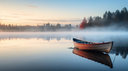 A captivating photograph capturing the serenity of a misty morning on a tranquil lake, with a rowboat peacefully moored by the shore, creating an image of calm and introspection