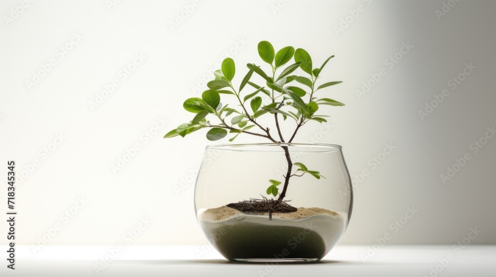 Poster  a small plant in a glass vase filled with water and sand on a white surface with a white wall in the background.