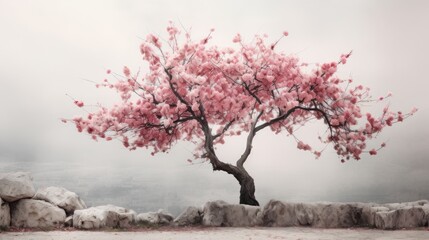  a pink tree with lots of pink flowers in the middle of rocks and a foggy sky in the background.
