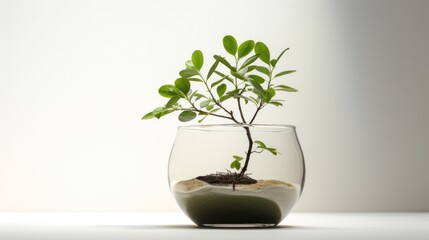  a small plant in a glass vase filled with water and sand on a white surface with a white wall in the background.