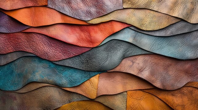 Background with colourful leather texture patches. Different sample pieces of natural or synthetic leather banner for fashion, footwear, furniture, accessories