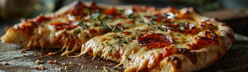 Italian pepperoni pizza with salami, mozzarella and basil on dark background. Pepperoni. Cheese Pull. Pepperoni Pizza on a Background with copyspace. - obrazy, fototapety, plakaty