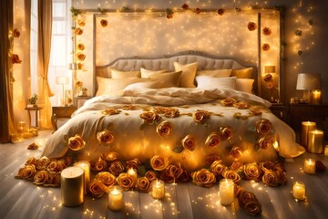 Fototapeta na wymiar a bed room with rich golden tones, combined with the twinkling lights