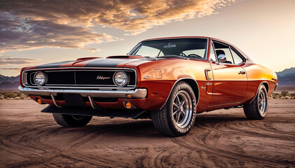 An old red and orange muscle car sits in a desert landscape The sky is cloudy and the sun is setting - Powered by Adobe