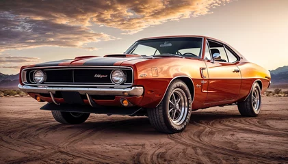 Abwaschbare Fototapete Oldtimer An old red and orange muscle car sits in a desert landscape The sky is cloudy and the sun is setting