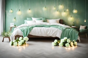 Imagine soft mint green roses adorning a bed alongside lights, infusing the room with a fresh and invigorating ambiance.  - Powered by Adobe
