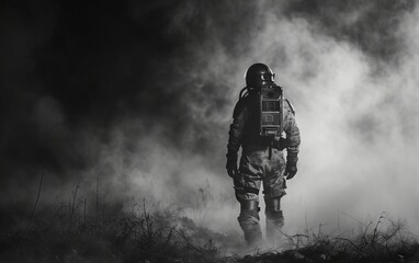 Man in gas mask and gas mask on the background of the forest.