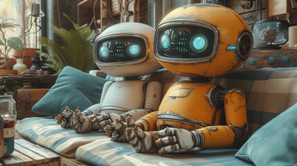 Cute old little domestic robots assistants sitting on couch in comfortable room