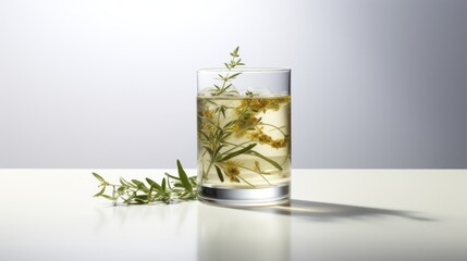  a glass of water with a flower in it on a white table with a shadow of a plant on the side of the glass.