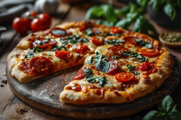 Italian pepperoni pizza with salami, mozzarella and basil on dark background. Pepperoni. Cheese Pull. Pepperoni Pizza on a Background with copyspace.