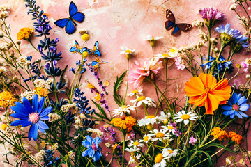 Vibrant Spring Meadow with Colorful Flowers and Butterflies, Natures Beauty in Full Bloom