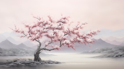  a painting of a tree with pink flowers in the foreground and mountains in the background, with a body of water in the foreground.