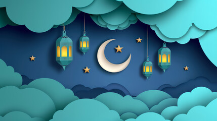 paper cut style night clouds with crescent moon and arabic lanterns