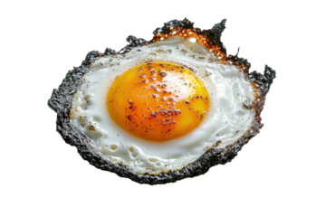 Burnt Fried egg pan with little sprinkle of ground black pepper isolated on background, unhealthy food that overcooking.