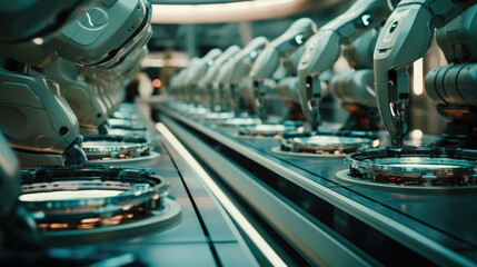 A detailed photograph of a futuristic robot assembly line, where robots work in precise synchronization, showcasing the cutting-edge technology of automated manufacturing