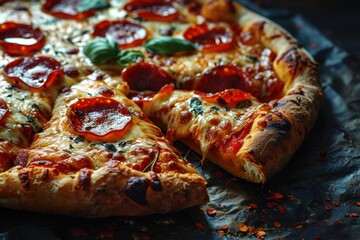 Italian pepperoni pizza with salami, mozzarella and basil on dark background. Pepperoni. Cheese Pull. Pepperoni Pizza on a Background with copyspace.
