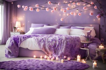 subtle interplay of purples and warm lights creates a serene and restful setting of bed room