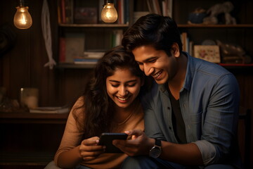 young indian couple using mobile phone at home - obrazy, fototapety, plakaty