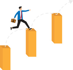 Ambition concept with businessman jumping on graph columns, Ambition and leadership and active, motivation and new opportunities concept,
