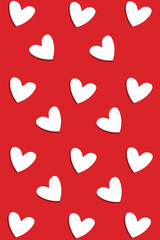 Many white hearts on red background. Pattern for design