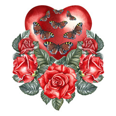 A red watercolor heart decorated with roses and butterflies. Hand-drawn watercolor illustration. For Valentine's Day cards, wedding invitations. For packaging, labels and posters, flyers and prints.