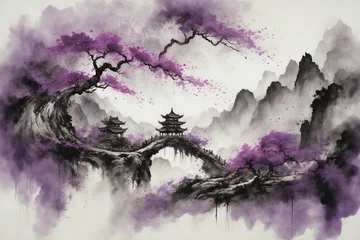 Foto op Plexiglas watercolor purple landscape with trees in japanese style © Jan