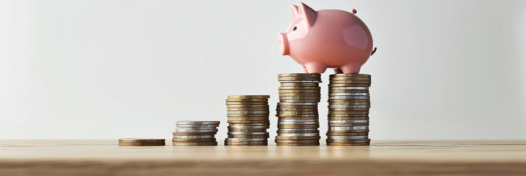 Staircase of piggy bank and coins