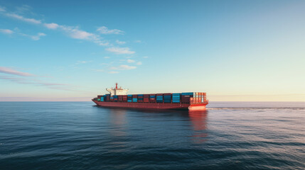 A cargo ship at sea, towering containers stacked high against the horizon, showcasing the scale of global trade. The vast ocean and the ship's presence evoke grandeur.