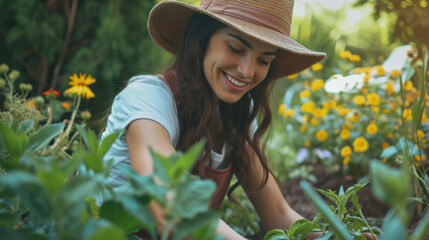 Woman feeling relaxed gardening in her garden