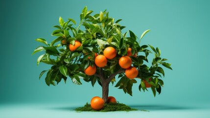  an orange tree with lots of oranges growing out of it's leaves, on a blue green background.