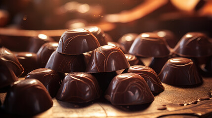 A mouthwatering photograph capturing a close-up view of freshly made chocolates, delicately bathed...