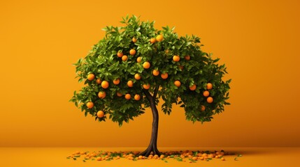  a tree filled with lots of oranges on top of an orange colored background with scattered confetti on the ground.