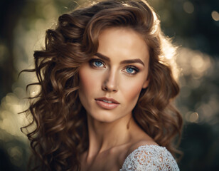 This image captures the essence of natural beauty and elegance, featuring a woman with voluminous, curly hair bathed in the golden hue of the sunset.