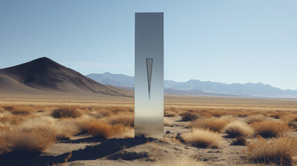 A photo of a modern milestone marker in a minimalist desert backdrop. The sleek marker with sharp lines contrasts boldly with the vast landscape, making a powerful statement.
