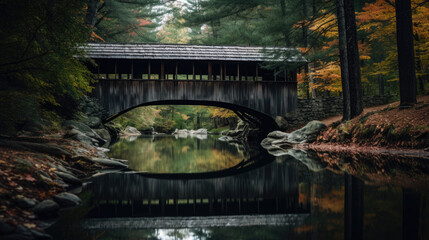 A serene river, embraced by forest, cradles a wooden covered bridge, embodying rural simplicity with clear, sharp detail. - obrazy, fototapety, plakaty