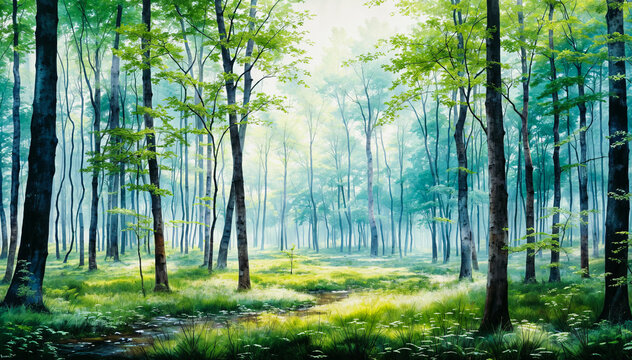 A painting of a misty forest with green trees and grass