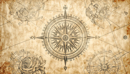 An old paper with a compass rose on it surrounded by other navigational drawings