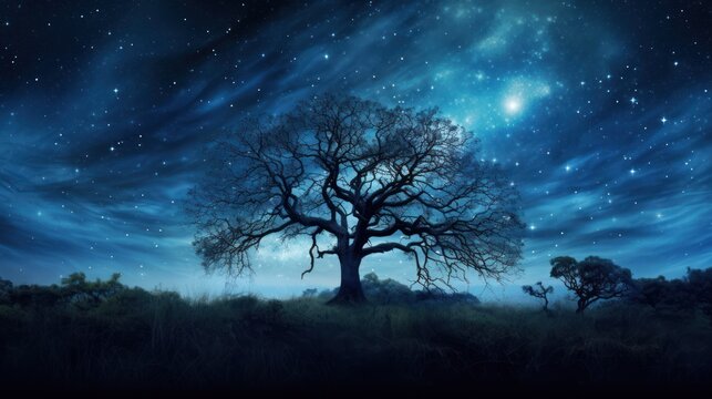  a painting of a tree in the middle of a field under a night sky with stars and a full moon.