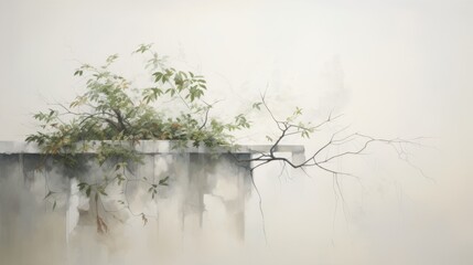  a painting of a tree in front of a wall with a fence in the foreground and fog in the background.