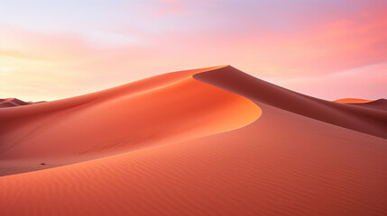 Fototapeta na wymiar A striking photograph of a desert landscape at dusk, featuring towering sand dunes bathed in the warm hues of the setting sun, against a vibrant orange and pink sky