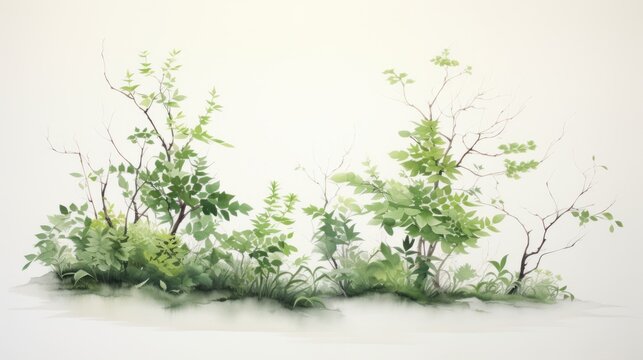  a painting of a group of trees with green leaves in the foreground and a white sky in the background. © Anna